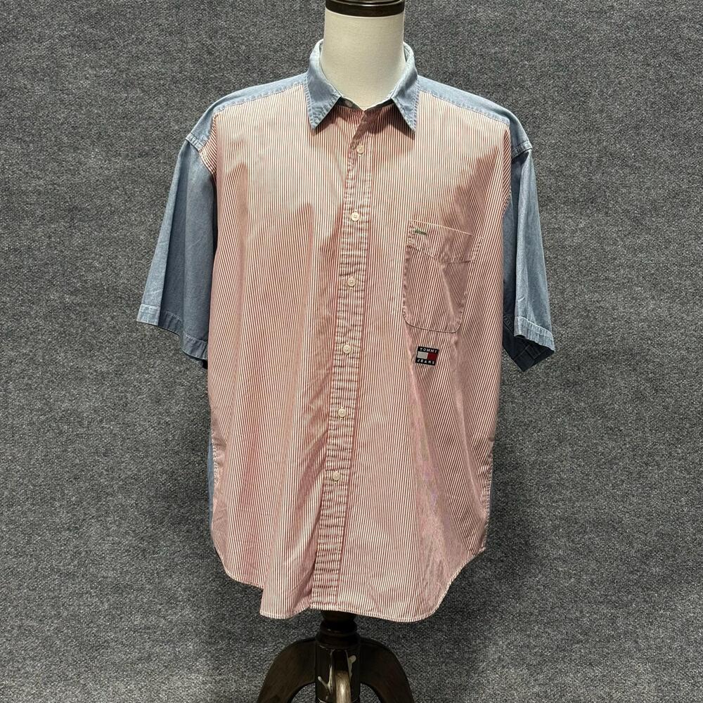 Tommy Jeans Shirt Mens XL Red Stripe Chambray Short Sleeve Button Front